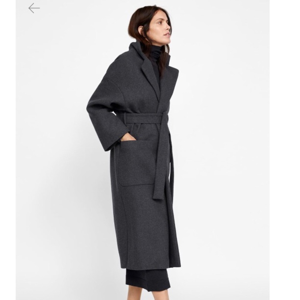 Zara Long Black Wool Coat with Belt
